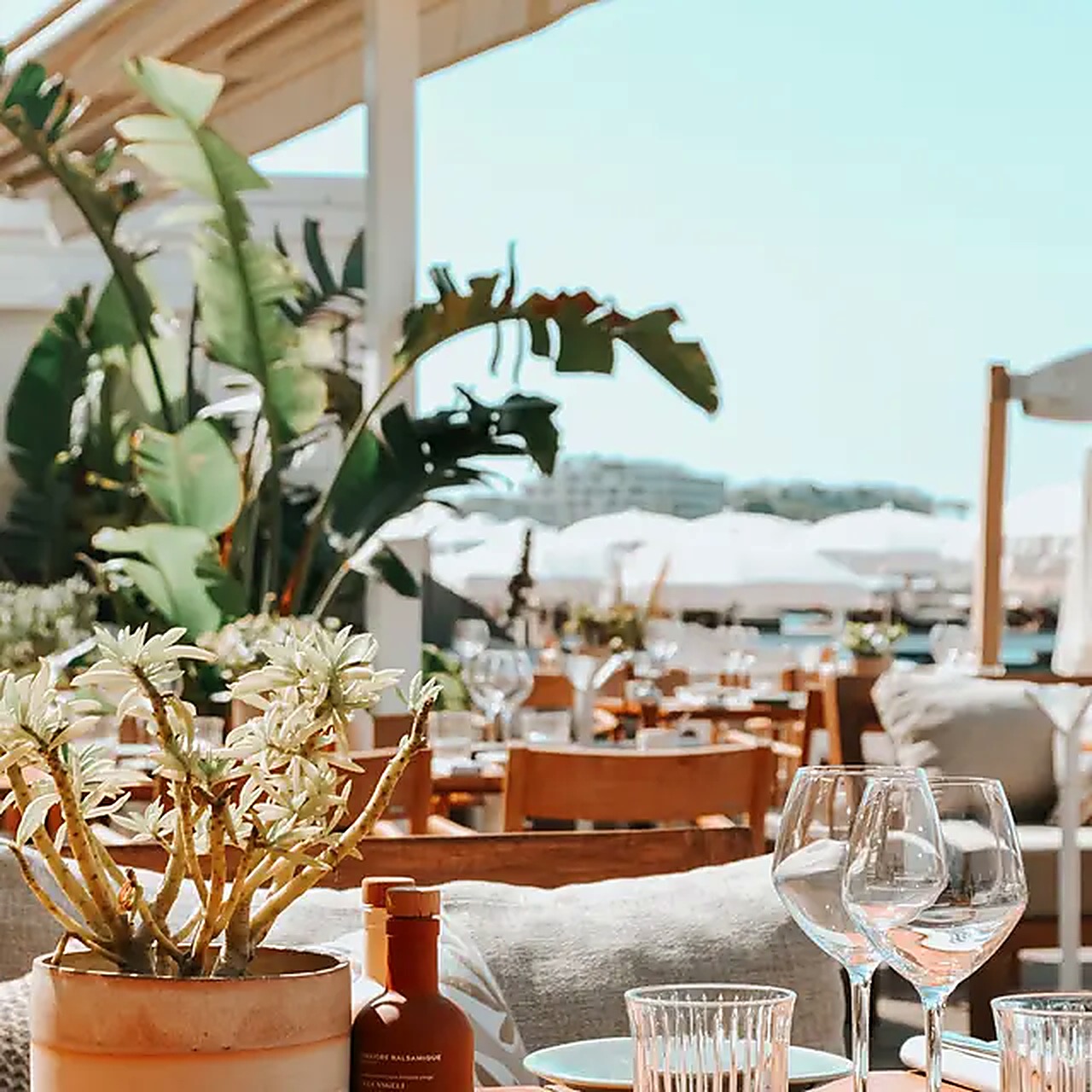 Wine glasses on a beach restaurant table